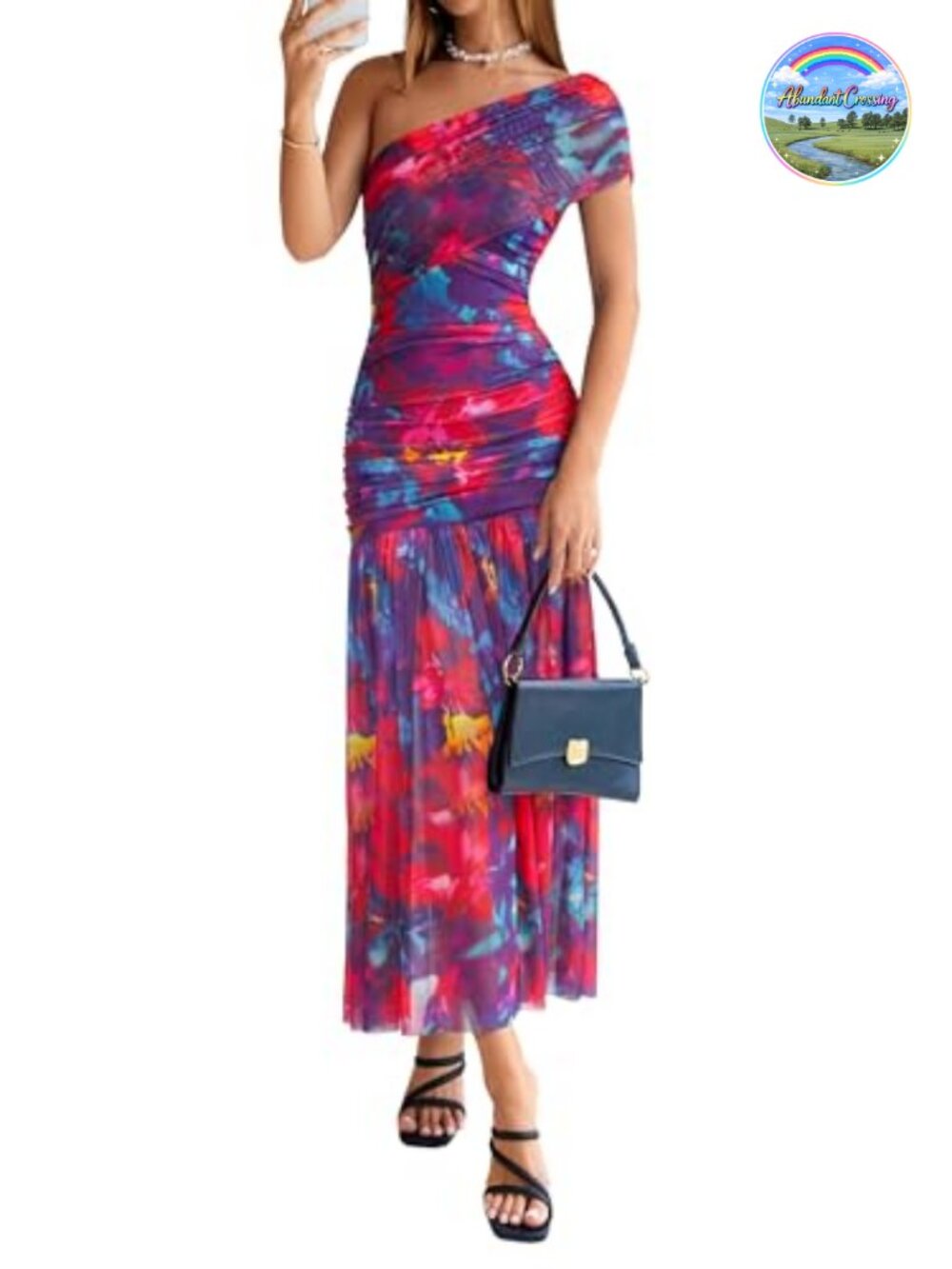 Women's One Shoulder Floral Maxi Dress Sleeveless Ruched Bodycon Mesh Wedding